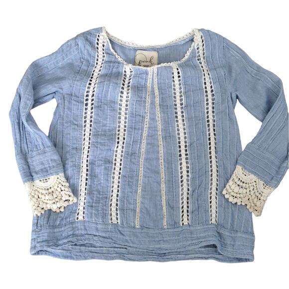 Peek Mini Stripe Blue Top With Lace Crochet Trim Size Small (4-6) - Picture 1 of 8